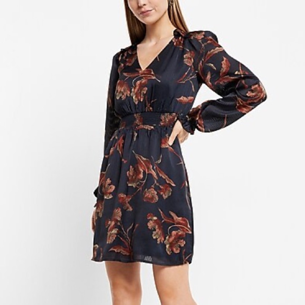 Express Satin Printed V-Neck Long Sleeve Mini Dress